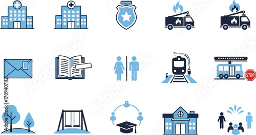 Flat lay of blue and white city service icons; police, fire, school, train, communication;  representing community safety and infrastructure; against a clean white