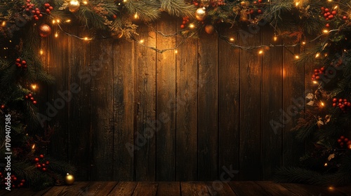 A wooden wall decorated with shimmering garlands and a garland of pine branches, red berries and gold ornaments. There is an empty space in the center to place an advertisement or a festive message.