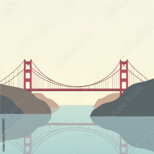 Golden Gate Bridge Reflection: A serene, artistic illustration captures the iconic Golden Gate Bridge in a minimalist yet striking design, its reflection mirroring in the tranquil water.