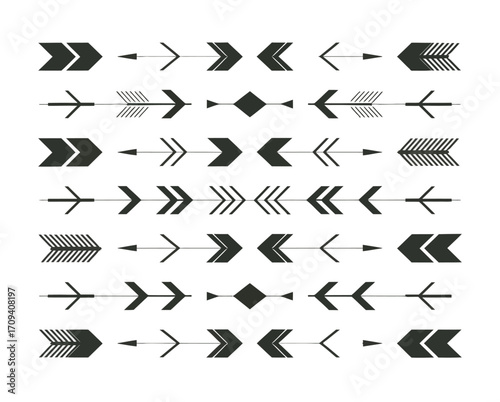 Diverse collection of black and white arrow illustrations, featuring geometric and decorative designs, perfect as modern vector graphic elements for creative projects and minimalist aesthetics
