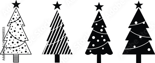 Art & IllustrationChristmas tree icons set, black and white holiday symbols, minimalist winter design elements, festive vector graphics, decorative pine trees