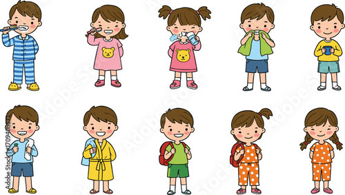 Art & IllustrationDaily morning routine of cute cartoon kids brushing teeth, washing face, drinking water, getting dressed, ready for school, healthy habits illustration