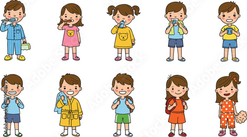 Daily morning routine of cute cartoon kids brushing teeth, washing face, drinking water, getting dressed, ready for school, healthy habits illustration