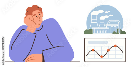 Contemplative man resting on hand, industrial factory emitting smoke in background, and line graph showing flux. Ideal for environment, pollution, sustainability, analytics, energy, concern