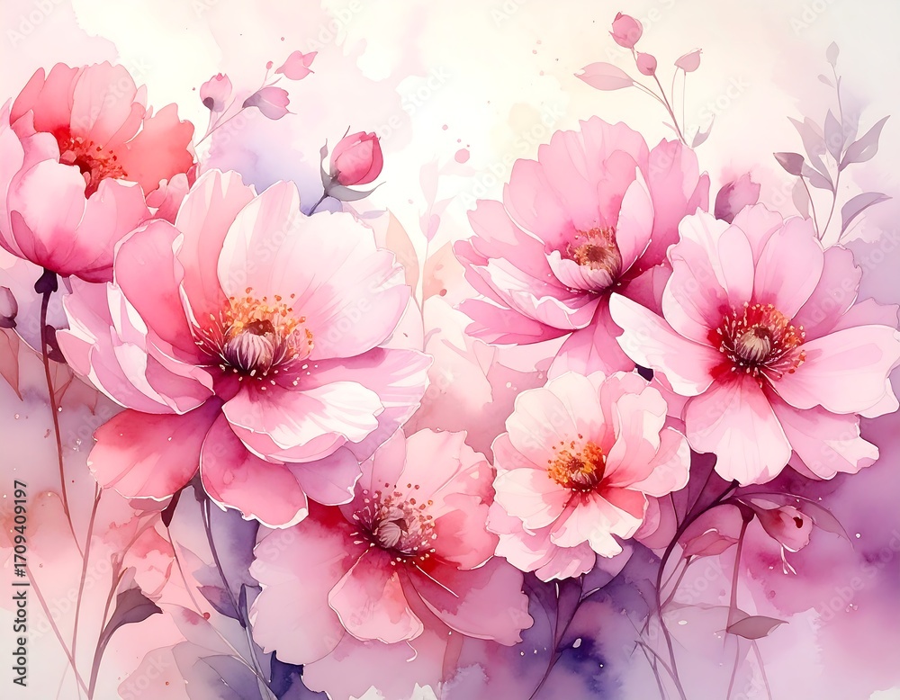 Fototapeta premium Delicate pink floral watercolor painting