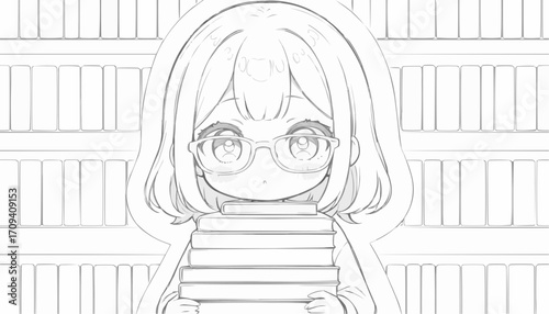 Cute librarian character holding a stack of books with a thoughtful expression in a cozy library setting, 