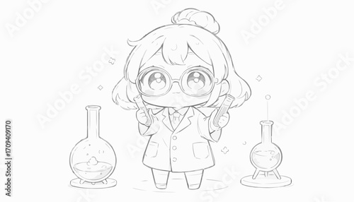 Cute scientist character holding test tubes with a curious expression next to laboratory equipment, 