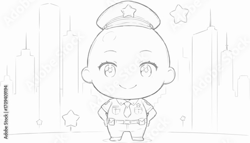 Cute police officer character standing confidently with a happy smile in an urban setting, 