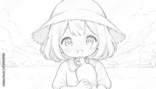Cute farmer girl character sitting happily in a field wearing a straw hat, 