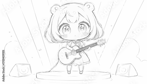 Cute girl character performing on stage with a guitar and bear ears, 