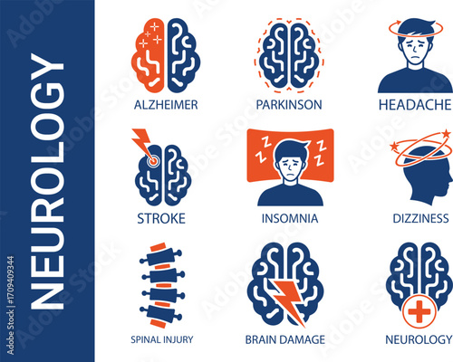 Neurology Medical Line Icons – Alzheimer’s, Parkinson’s, Insomnia, Epilepsy, Mental Health, Brain Disorder, Editable Stroke Vector Set