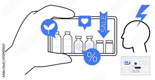 Hand holding a smartphone showing product bottles, sale tag, percentage sign, and plant icon. Lightning near head indicates ideas. Ideal for e-commerce, sustainability, branding, marketing