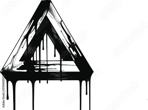 A black and white image featuring a stylized triangle dripping with dark ink on a plain white background