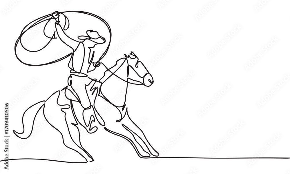Fototapeta premium Cowboy Lassoing on Horseback Continuous Line Drawing