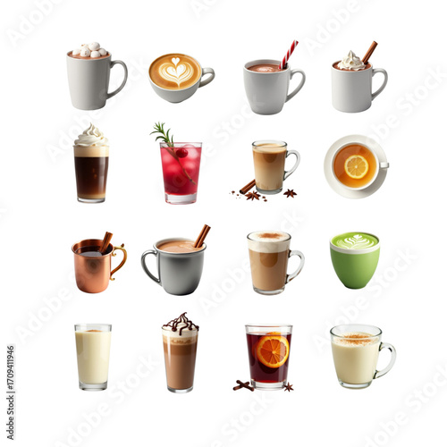 Variety of beverages including coffees, teas, and cocktails arranged on a white background with copy space
