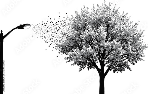 A street lamp emitting particles towards a blossoming tree on a stark white background in monochrome