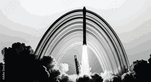 A black and white image of a rocket launching with smoke trails forming an arc in the sky above it