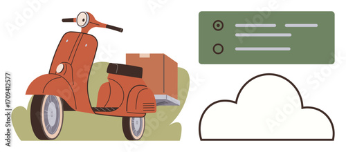 Orange scooter carrying a box symbolizes delivery, paired with a checklist for tasks and a cloud icon. Ideal for transport, delivery service, e-commerce, logistics, technology, planning, simple flat
