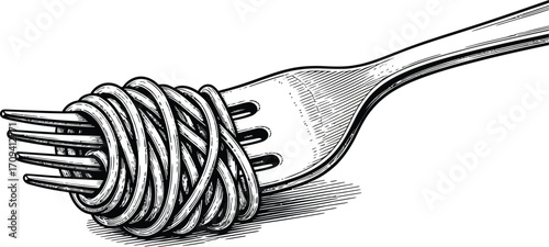 A detailed monochrome illustration of spaghetti wrapped around the tines of a metal fork design element