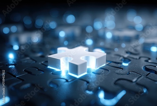 Illuminated white puzzle piece on dark background