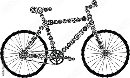 A bicycle silhouette constructed from gears and cogs on a white background in a vector illustration