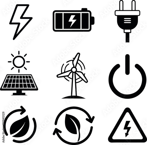 Create Block Electricity and energy icon set. Vector glyph pictograms of lightning bolt, battery, plug, solar panel, wind turbine, power, renewable energy, electrical safety black silhouette