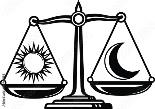 A black and white illustration of scales balancing a sun and moon on a white background surface view