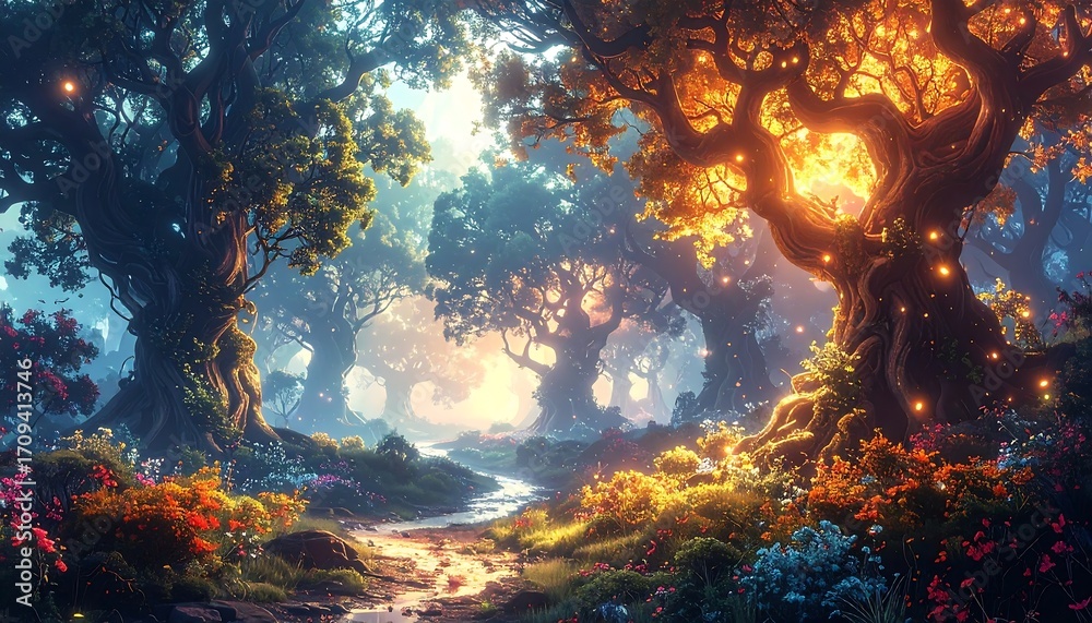 Obraz premium Enchanted forest path bathed in light, a scene of natural beauty and fantasy