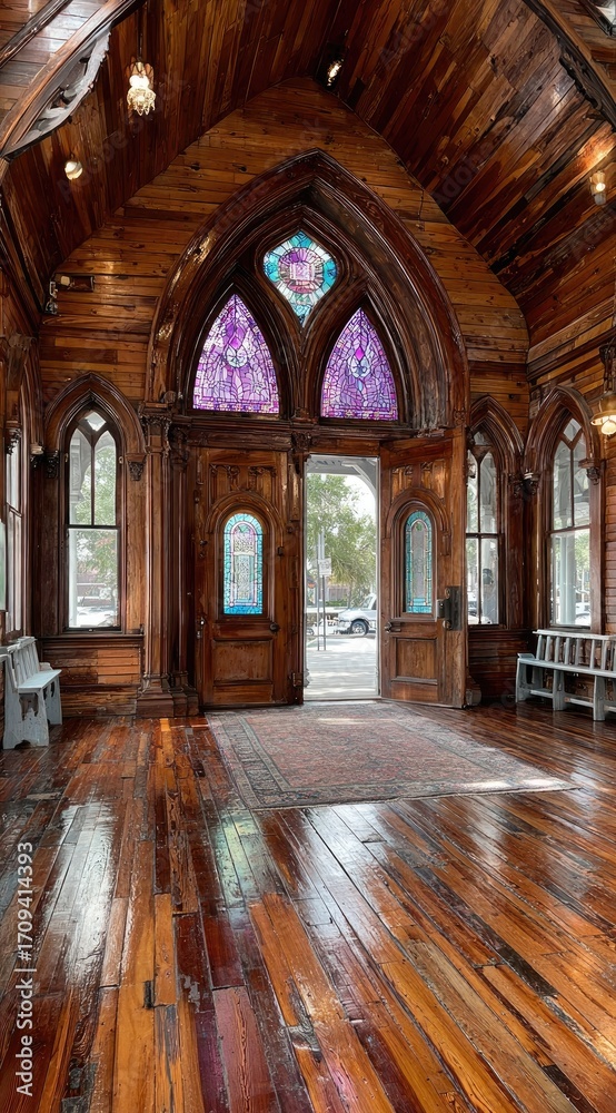 Fototapeta premium Wooden interior with stained glass doors