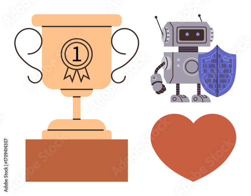 Trophy highlights success, robot with shield signifies cybersecurity, and heart emphasizes passion or care. Ideal for success, innovation, technology, love, protection, security teamwork simple