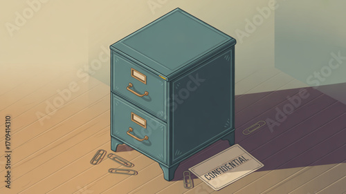 Isometric filing cabinet illustration for office organization and confidential document storage solutions needs