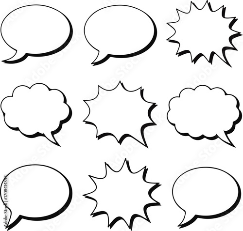 Set of nine hand-drawn speech and thought bubbles in different styles. Blank comic book balloons for expressing dialogue, thoughts, and shouts