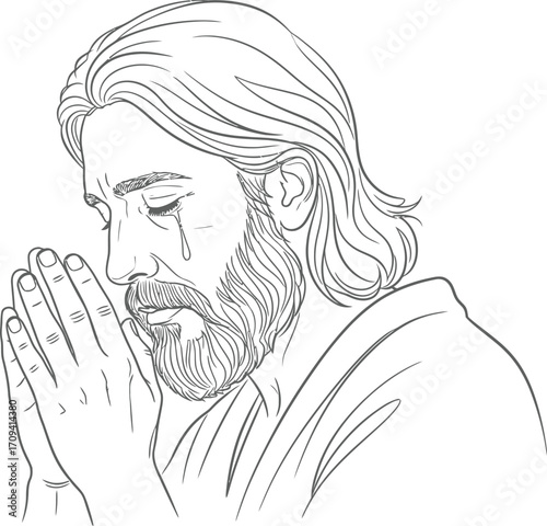 Line drawing of a man with long hair and a beard praying with a tear falling from his eye closed eyes