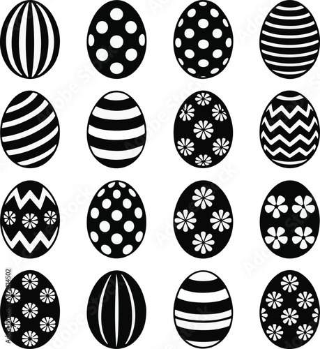 A diverse collection of black and white Easter eggs, a graphic set featuring various decorative patterns like stripes, polka dots, chevron, and flowers for the spring holiday