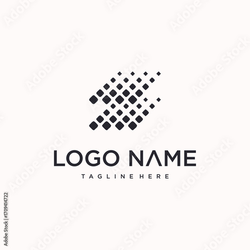 Abstract logo design featuring a stylized arrow formed by a pixelated pattern, suggesting movement and technology.