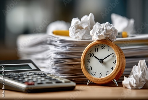 Paperwork, clock, crumpled paper, deadline