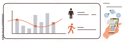 Bar chart and trend line show fitness data. Figures represent activity, with a hand holding a phone tracking health insights. Ideal for fitness, tracking, app interface, data, health, wellness