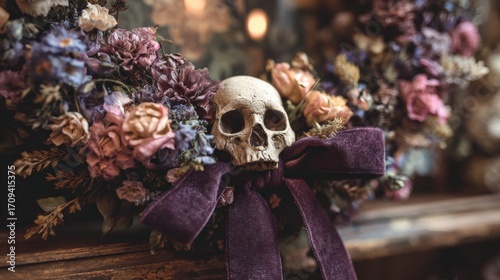 Gothic skull centerpiece features deep purple velvet bow surrounded by dark floral arrangement.