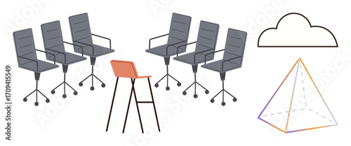 Office chairs arranged symmetrically, single stool in contrast, abstract cloud line, and colorful pyramid. Ideal for teamwork, leadership, minimalism, modern design, collaboration creativity