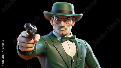 A 3D cartoon character in a green suit and fedora points a pistol at the viewer.