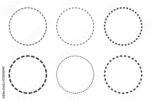 Round dotted circle set, dotted line circle frame, circle shapes with and dots and dashed lines