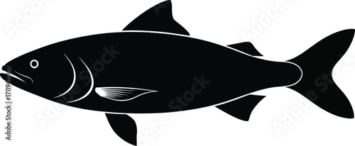 A black silhouette of a fish with fins and tail on a white background in a simple vector illustration