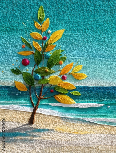 Artistic Christmas tree with golden leaves on tropical sand