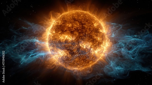 Glowing sun with fiery solar flares in outer space