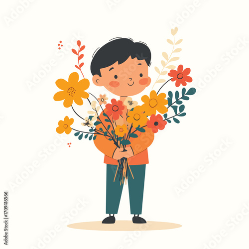 Young boy or girl holding drawn color bouquet of blossom flowers