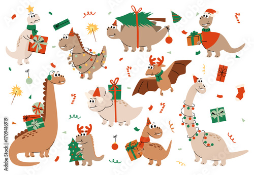 Collection of Christmas Festive Cartoon Dinosaurs.
