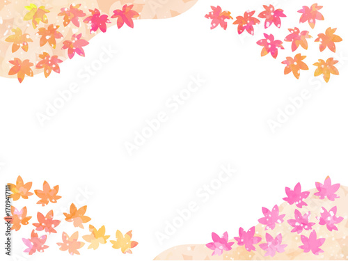 モミジの紅葉イメージの背景素材。水彩風テクスチャー。葉っぱのシルエット。かわいい色調。光の粒子や水滴の輝き。コーナータイプ。左上と右下に山のシルエット。あしらいのあるフレーム。