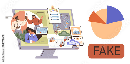 Computer monitors display profiles, connections, and chat analysis. A pie chart and Fake label suggest misinformation detection. Ideal for data analysis, misinformation, verification, research