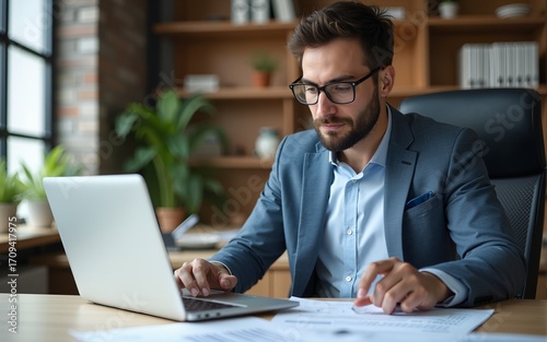 Busy latin mature business man working on laptop computer reading financial document report in office. Entrepreneur manager businessman banking analyst doing paperwork analysing using pc. Copy space