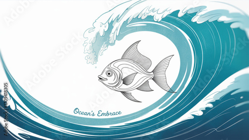 Ocean wave art with fish illustration vector design for sea life and nature themed graphic projects design